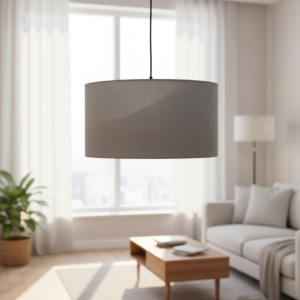 16-Inch Grey Drum Fabric Pendant Light – Soft Glow Hanging Ceiling Lamp, Warm Ambient Lighting for Reading Nook, Dining Area & Home Decor- Black Canopy