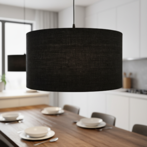 20 Inches Pendant/Hanging Ceiling Light Fixture, Black Jute Drum Shade for Bedroom, Kitchen, Living Room, Dining Table, Lobby, Kitchen, Black/Silver Canopy