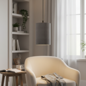 Grey Fabric Pendant Light – Soft Glow Hanging Ceiling Lamp with Cylindrical Shade, Warm Ambient Lighting for Reading Nook, Dining Area & Home Decor