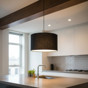 14 Inches Pendant/Hanging Ceiling Light Fixture, Black Jute Drum Shade for Bedroom, Kitchen, Living Room, Dining Table, Lobby, Kitchen, Black/Silver Canopy