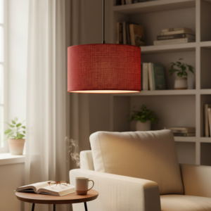 14 Inches Pendant/Hanging Ceiling Light Fixture, Red Jute Drum Shade for Bedroom, Kitchen, Living Room, Dining Table, Lobby, Kitchen, Black/Silver Canopy