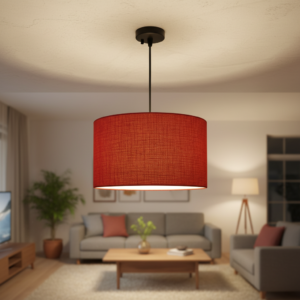 20 Inches Pendant/Hanging Ceiling Light Fixture, Red Jute Drum Shade for Bedroom, Kitchen, Living Room, Dining Table, Lobby, Kitchen, Black/Silver Canopy