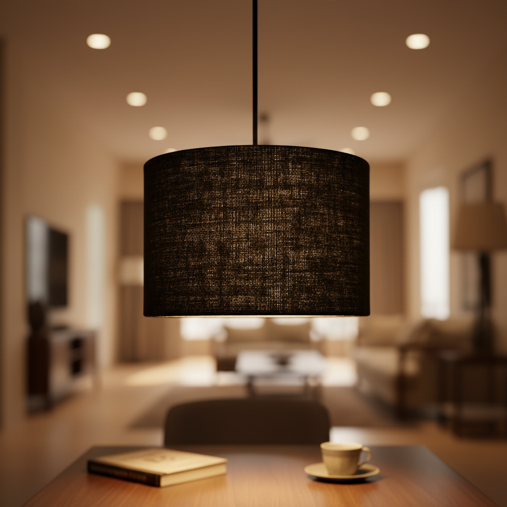 12 Inches Pendant/Hanging Ceiling Light Fixture, Black Jute Drum Shade, for Bedroom, Kitchen, Living Room, Dining Table, Lobby, Kitchen, Silver/Black Canopy